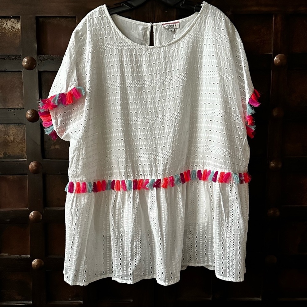 Andree Sz 1X white Tassel Shirt Boho - Picture 1 of 6